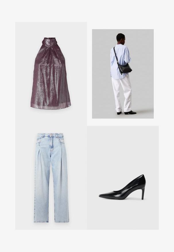 Halter top bez rukávov v hrejivej slivkovej farbe s metalickým leskom. Obsahuje prekladaný dizajn a vysoký golier, čím vytvára štruktúrovanú siluetu.; Svetlomodré džínsy s vysokým pásom, širším strihom po celej dĺžke, dvoma bočnými vreckami a skladaným dizajnom. Mäkka textúra s vyblednutým vzhľadom.; Čierna kožená vysoká topánka s ihlovým podpätkom a špičatou špicou, hladkou textúrou a zúženým podpätkom. Minimalistický dizajn, bez ďalších ozdôb.; Čierna kožená ramenná taška so mäkkou textúrou, trojuholníkovým tvarom a nastaviteľným popruhom, skombinovaná s svetlomodrou pruhovanou košeľou a bielymi nohavicami.