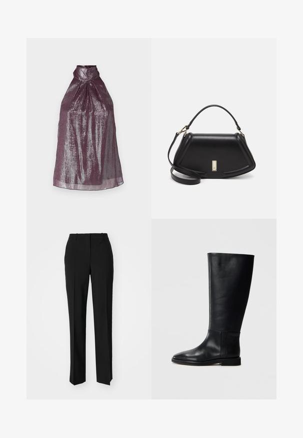 Top sin mangas en ciruela profundo con brillo metálico. Presenta un diseño plisado y un cuello alto, creando una silueta estructurada.; Pantalones negros ajustados con un diseño de pierna recta, que presentan una textura suave y pliegues nítidos en el frente. Sin herrajes visibles.; Bota alta de cuero negro hasta la rodilla con punta redonda, textura suave, diseño minimalista y suela plana. Detalles de costura simples en el caña.; Bolso de mano de cuero negro con un diseño estructurado, que presenta una forma recortada, asa superior y acentos en dorado. Correa de hombro ajustable incluida.