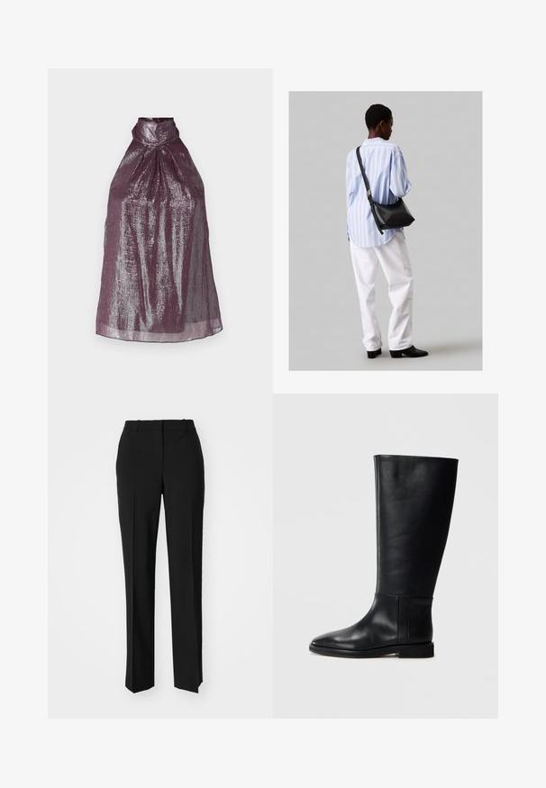 Ermeløs halterneck-top i dyp plommefarge med metallisk glans. Har et plisserte design og høy krage som skaper en strukturert silhuett.; Sorte skreddersydde bukser med rett silhuett, med en glatt tekstur og klare pressede bretter foran. Ingen synlig maskinvare.; Sorte skinnhøye støvler med rund tå, glatt tekstur, minimalistisk design og flat såle. Enkle sømdetaljer på skaftet.; Svart lær skulderveske med en myk tekstur, trekantet form og justerbar stropp, kombinert med en lyseblå stripete skjorte og hvite bukser.
