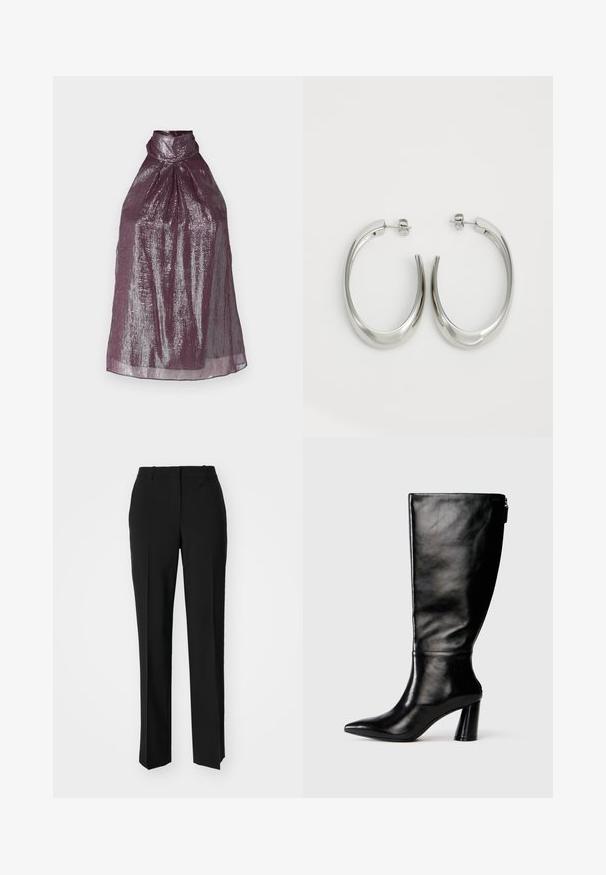 Ermeløs halterneck-top i dyp plommefarge med metallisk glans. Har et plisserte design og høy krage som skaper en strukturert silhuett.; Sorte skreddersydde bukser med rett silhuett, med en glatt tekstur og klare pressede bretter foran. Ingen synlig maskinvare.; Knæhøye svarte lærstøvler med spiss tå, glatt tekstur og tykk hæl. Har glidelåsdetalj på baksiden.; Sølvøreringer med en jevn, buet design. Har en blank metallisk finish og en studlås. Ingen synlige mønstre eller aksenter.