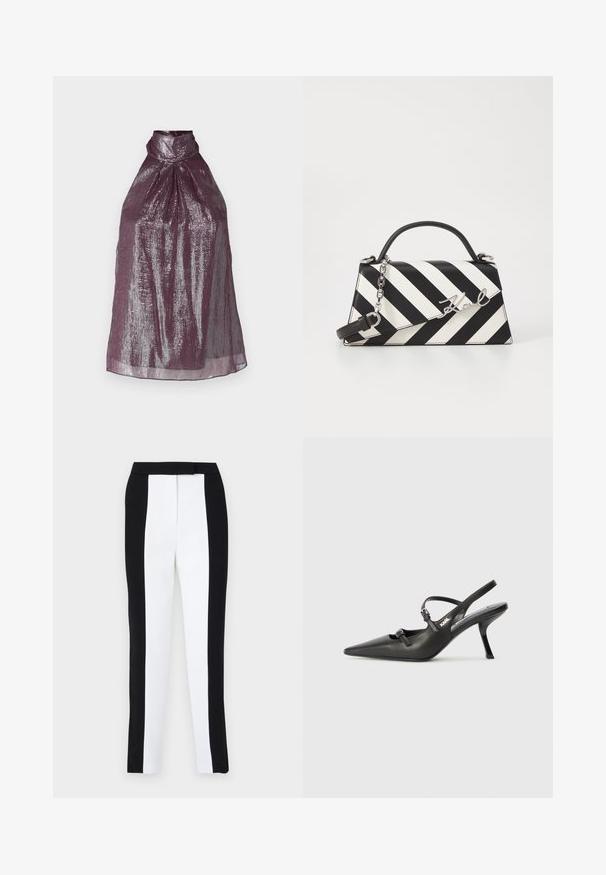 Top senza maniche in un profondo color prugna con finitura metallica. Presenta un design plissettato e un colletto alto, creando una silhouette strutturata.; Pantaloni tapered bianco e nero che presentano una vestibilità slim con pannelli a contrasto. Il tessuto ha una texture liscia; la vita è piatta e aderente.; Scarpe slingback nere in pelle con punta affilata, tacco sottile e dettaglio decorativo a fibbia sulla tomaia. Texture liscia e design elegante.; Borsa a righe bianche e nere con una forma strutturata, dotata di manico superiore, tracolla a catena staccabile e dettaglio logo metallico.