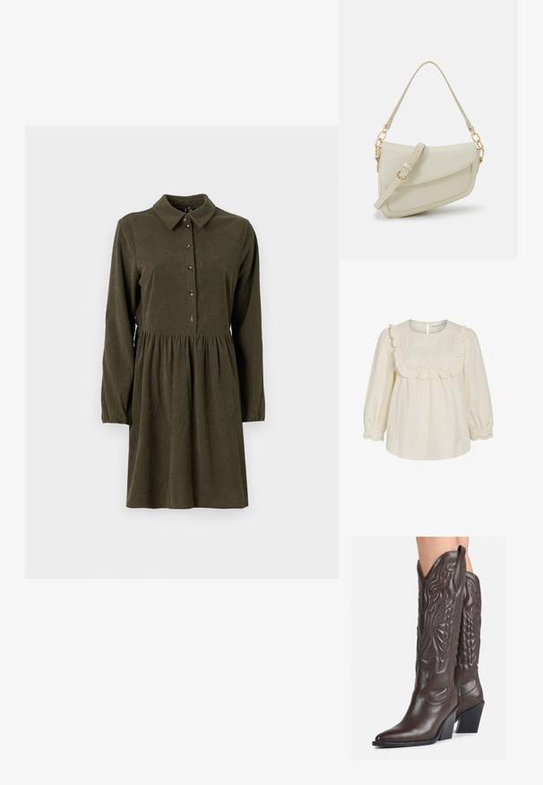 Kreemjas puuvillane pluus, millel on voltidega krae koos tikandiga, pikad varrukad elastsete mansettidega ja nööbiga sulgemine taga.; Tumeoliivroheline puuvillane korduroidkaelaga kleit, millel on pikad varrukad, nööbid ees, punktkragen ja laienev seelik. Omab peent vertikaalset soonikkudet.; Pruunid nahast cowboy saapad terava varbaga ja plokk-kandaga, millel on detailne tikand ja kergelt tõstetud aktsendid varrel.; Väike kreemjas käekott tekstureeritud viimistlusega, pikendatav rihm, ketiläbimõõt ja klapiga sulgemine. Kuldsed metalldetailid.