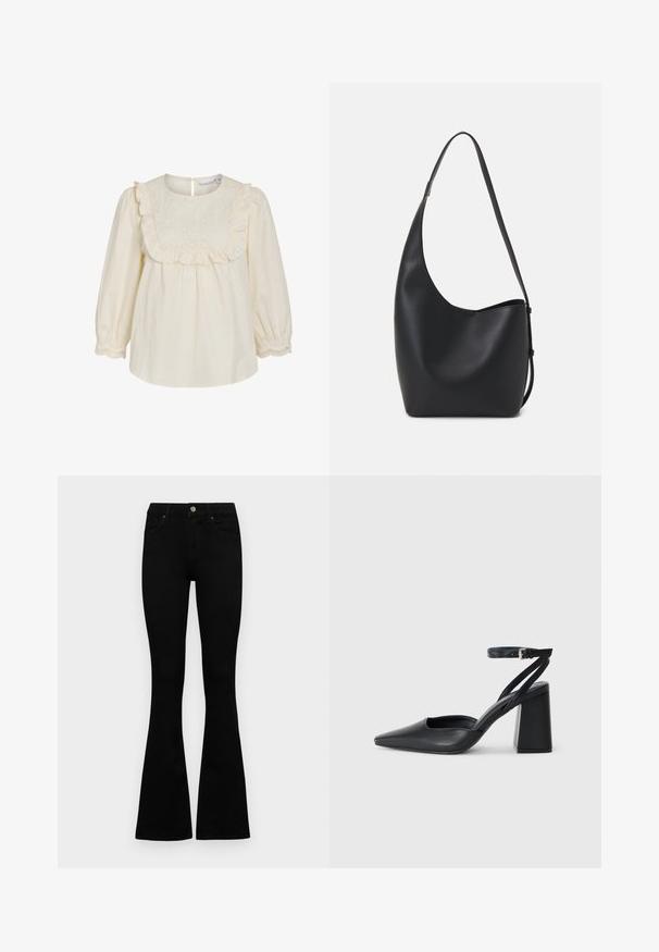 Creme Baumwollbluse mit Rüschenkragen und Stickerei, langen Ärmeln mit elastischen Bündchen und einer Knopfverschluss auf der Rückseite.; Schwarze hochtaillierte Jeans mit einem Knopf- und Reißverschluss, Fronttaschen und ausgestellten Beinen, flach auf einem weißen Hintergrund ausgelegt.; Schwarze Leder-Pumps mit spitzer Zehe, einem Knöchelriemen und einem blockigen Absatz. Flache Textur, elegantes Design und minimalistische Ästhetik.; Schwarze Leder-Hobo-Tasche mit einer glatten Textur, geschwungener Form und einem einzelnen verstellbaren Tragegurt; verfügt über eine weite Öffnung am oberen Ende.