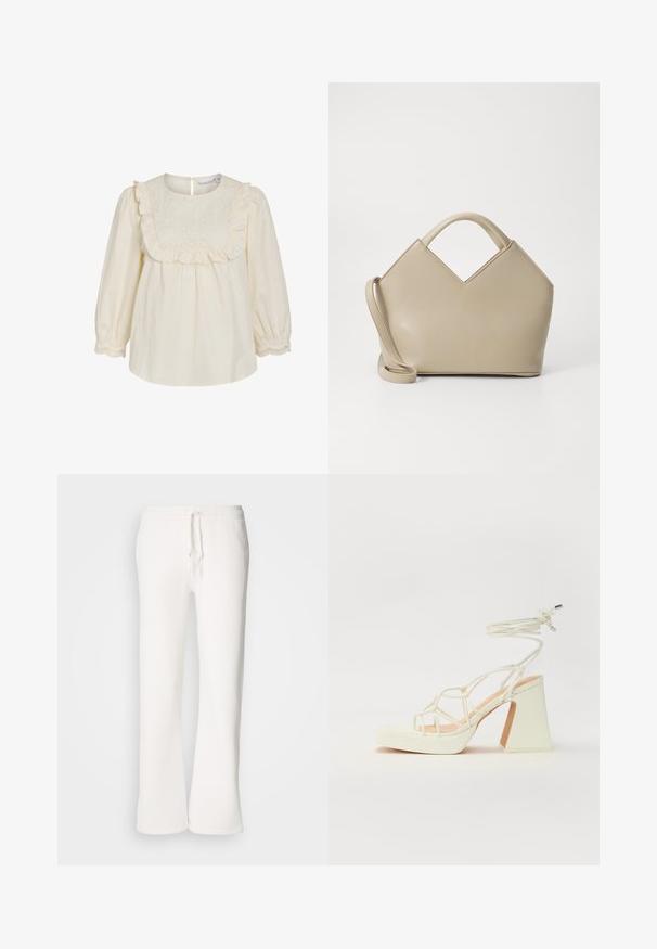Cream cotton blouse featuring a ruffled collar with embroidery, long sleeves with elastic cuffs, and a button closure at the back.; White, relaxed-fit sweatpants made of soft fabric, featuring an elastic waistband with a drawstring and straight-leg design.; White high-heeled sandal with a chunky heel, featuring a strappy design and ankle tie. Smooth texture with a platform front for added height.; Beige structured handbag with a V-shaped top, smooth leather material, short handles, and a long adjustable strap. Minimalist design.