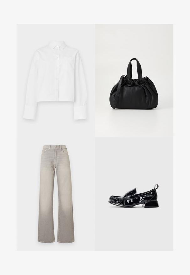 Witte gekropte shirt gemaakt van katoen. Kenmerkt zich door een klassieke kraag, lange mouwen, knopen aan de voorkant en een linkse borstzak.; Grijze wijde jeans met een vervaagde afwerking, knoopsluiting, vijfzakkenontwerp en gestikte details langs de naden.; Zwarte patenten leren loafer met vierkante neus, gegATHERd detail, lage blokhak en een trektab aan de achterkant op een witte achtergrond.; Zwarte leren handtas met een geplooid ontwerp aan de bovenkant, voorzien van twee korte handvatten en een lange verstelbare schouderband. Gladde textuur, ronde vorm.
