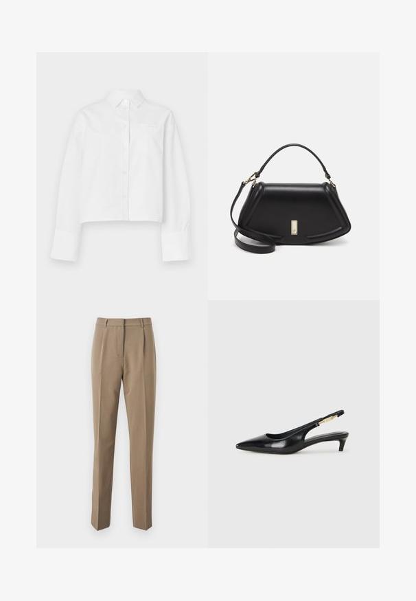 White cropped shirt made of cotton. Features a classic collar, long sleeves, front buttons, and a left chest pocket.; Brown tailored trousers made of smooth fabric, featuring a straight-leg design, front pleats, and a waistband with belt loops.; Black leather slingback heels with a pointed toe, featuring a slim heel and a gold-tone accent on the adjustable strap. Smooth texture.; Black leather handbag with a structured design, featuring a cropped shape, top handle, and gold hardware accent. Adjustable shoulder strap included.