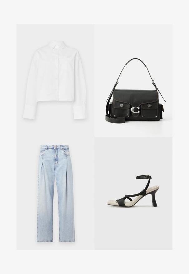Witte gekropte shirt gemaakt van katoen. Kenmerkt zich door een klassieke kraag, lange mouwen, knopen aan de voorkant en een linkse borstzak.; Lichtblauwe denim jeans met een hoge taille, wijde pijpen, twee zijzakken en geplooid ontwerp. Zachte textuur met een vervaagd uiterlijk.; Zwarte hoge hak sandaal met een gevlochten bandontwerp, vierkante teen en verstelbare enkelband. Lichtbeige voetbed met een glanzende zwarte hak.; Zwarte leren handtas met een klep-sluiting, zilverkleurige hardware, twee voorzakken, contrasterende stiksels en een afneembare schouderriem.