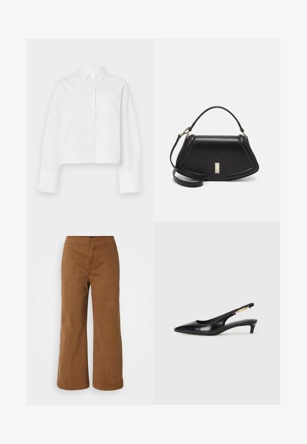 Weißes, kurzes Hemd aus Baumwolle. Verfügt über einen klassischen Kragen, lange Ärmel, vordere Knöpfe und eine linke Brusttasche.; Braune weit geschnittene Hose aus weichem Stoff mit glatter Textur, hochgeschnitten mit gestickten Details.; Schwarze Leder-Slingback-Pumps mit spitzem Schuhblatt, ausgestattet mit einem schlanken Absatz und einem goldfarbigen Akzent am verstellbaren Riemen. Glatte Textur.; Schwarze Lederhandtasche mit einem strukturierten Design, das eine verkürzte Form, einen oberen Griff und goldfarbene Hardware-Details aufweist. Verstellbarer Schulterriemen ist enthalten.