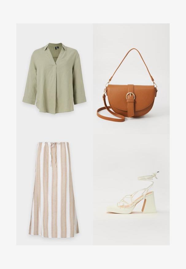 Camisa de linho verde-azeitado com decote em V, mangas longas e um corte descontraído. Apresenta um detalhe de costura central e punhos enrolados.; Saia riscada em branco e castanho claro, com uma cintura ajustável por cordão e um design longo e fluido. Feita de um tecido leve com um corte descontraído.; Sandálias brancas de salto alto com um salto robusto, apresentando um design com tiras e amarração no tornozelo. Textura suave com uma plataforma na frente para altura adicional.; Bolsa transversal de couro castanho com um formato curvado, ferragens douradas e um detalhe de fivela. Inclui uma alça de ombro destacável.