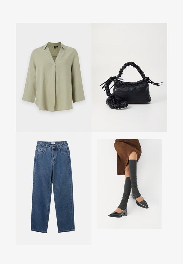 Olíva zöld vászon ing V-kivágással, hosszú ujjal és laza szabással. Középső varrás részlet és felgöngyölt mandzsetta jellemzi.; Klasszikus kék farmernadrág egyenes szárú dizájnal, öt zsebbel és gombos zárással. Közepes mosású és strapabíró textúrával rendelkezik.; Fekete lakk bőrből készült, hegyes orrú cipők, tömbsarkúakkal és bokapánttal, szürke bordás lábszármelegítőkkel és barna velúr szoknyával párosítva.; Fekete műbőr kézi táska krokodil bőr textúrával, összehúzható tetejű és gyűrt pánttal. Lágy és kompakt dizájnúnak tűnik.