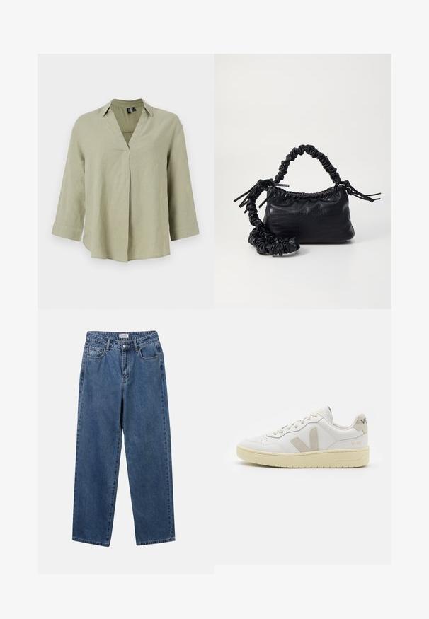 Camicia di lino verde oliva con scollo a V, maniche lunghe e vestibilità rilassata. Presenta un dettaglio con cucitura centrale e polsini arrotolati.; Jeans in denim blu classico con design a gamba dritta, cinque tasche e chiusura con bottone. Presentano un lavaggio medio e una trama robusta.; Sneaker in pelle bianca con dettagli in suede beige, punta perforata, lacci piatti e suola testurizzata color crema. Presenta un logo discreto sul tallone.; Borsa a tracolla in ecopelle nera con texture a coccodrillo, apertura cinchata e tracolla arricciata. Si presenta con un design morbido e compatto.