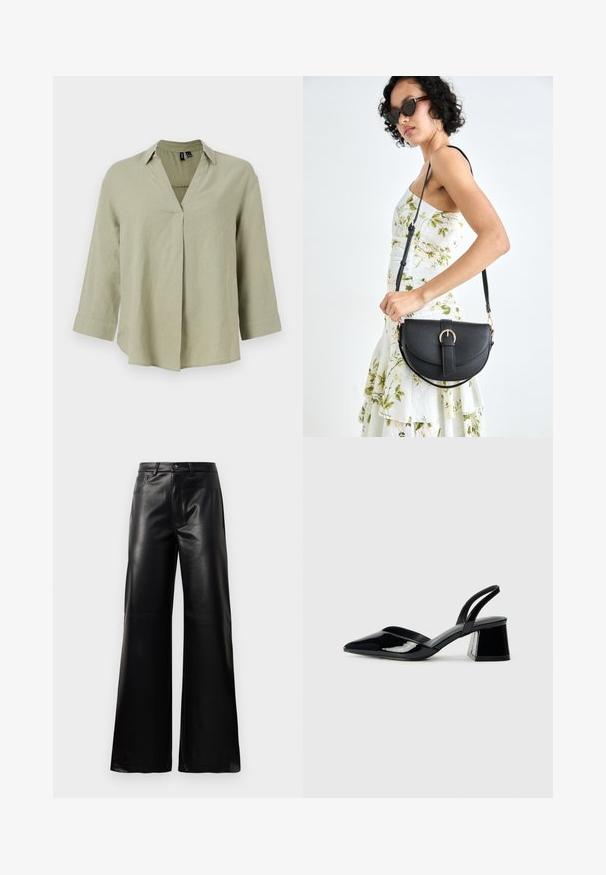 Olīvu zaļas lina krekls ar V formas kaklu, garām piedurknēm un atbrīvotu piegriezumu. Izceļas ar centrālo šuvuma detaļu un sarullētām piedurknēm.; Melnas augstās jostas platajās kājās sintētiskās ādas bikses ar priekšējo pogu, rāvējslēdzēju, jostas cilpām un sānu kabatām uz baltā fona.; Melna lakota āda ar atvērto papēdi, ar smailu purngalu un ģeometrisku blokpapēdi. Iezīmējas elegants, minimāls dizains un gluda tekstūra.; Melnas ādas rokassoma ar izliekta formu, noņemamu siksnu un zelta aksesuāriem. Somai ir vāciņš ar sprādzes detaļu.