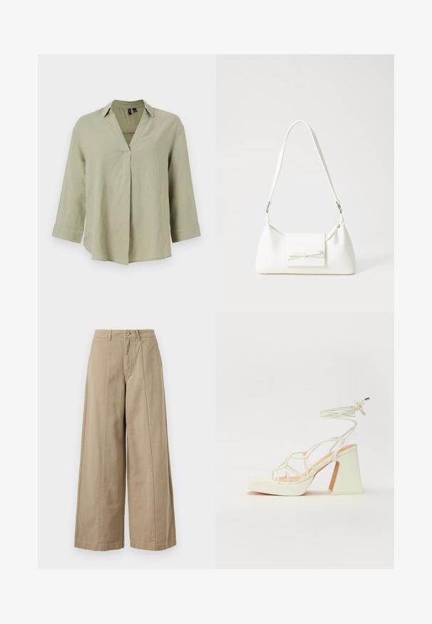 Oliivroheline linane särk V-kaelusega, pikkade varrukatega ja mugava lõikega. Omab keskmist õmblust ja rullitud varrukaid.; Kreemi värvi laiad püksid, mis on valmistatud tugevast puuvillast, koos nööbiga sulgemise, vööloopide ja puhaste eesrindadega, millel pole nähtavaid taskuid.; Valged kõrge kontsaga sandaalid, millel on paks konts ja rihmadega disain koos pahkluu sidumisega. Sile tekstuur ja platvorm ees, et lisada kõrgust.; Valge sünteetilisest materjalist kott kolmnurkse kujuga, lame esiklapiga ja kaaredetailiga, reguleeritava rihmaga, sileda tekstuuriga ja minimalistliku disainiga.