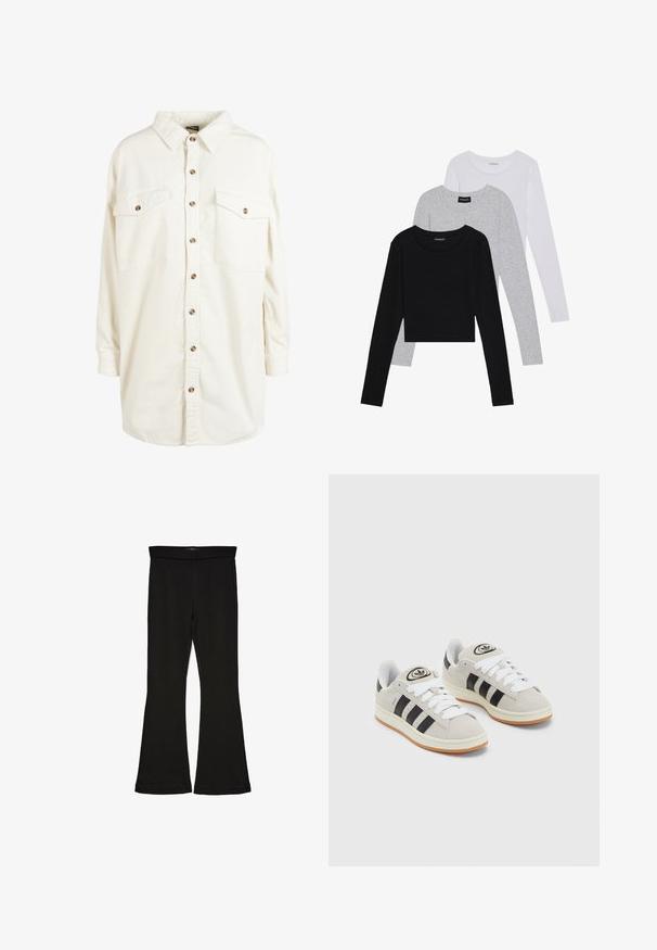 Cream-colored corduroy long-sleeve shirt with collar, brown buttons down front, and two buttoned chest pockets.; Three long-sleeve tops stacked: black, grey, and white. Each has a round neckline and a cropped design with smooth, lightweight fabric.; Black flare leggings made from stretchy fabric. Features a wide waistband and a smooth texture, with a fitted silhouette that flares at the hem.; Gray suede sneakers with white laces, black stripes, and a white rubber sole. Features a circular logo on the tongue and a gum sole.