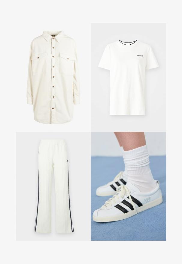 Camisa de corduroy color crema de manga larga con cuello, botones marrones en la parte delantera y dos bolsillos en el pecho con botón.; Camiseta de algodón blanca con manga corta y escote redondo. Presenta un logo negro de Adidas en el pecho y un cuello interior negro en contraste.; Pantalones de color crema claro, de tejido de punto con diseño acampanado. Presentan franjas laterales en azul oscuro y un logo de Adidas en la cadera. Cintura elástica.; Zapatillas de cuero blancas con rayas negras, suela crema y cordones claros. Llevadas con calcetines blancos acanalados, situadas sobre un fondo azul.