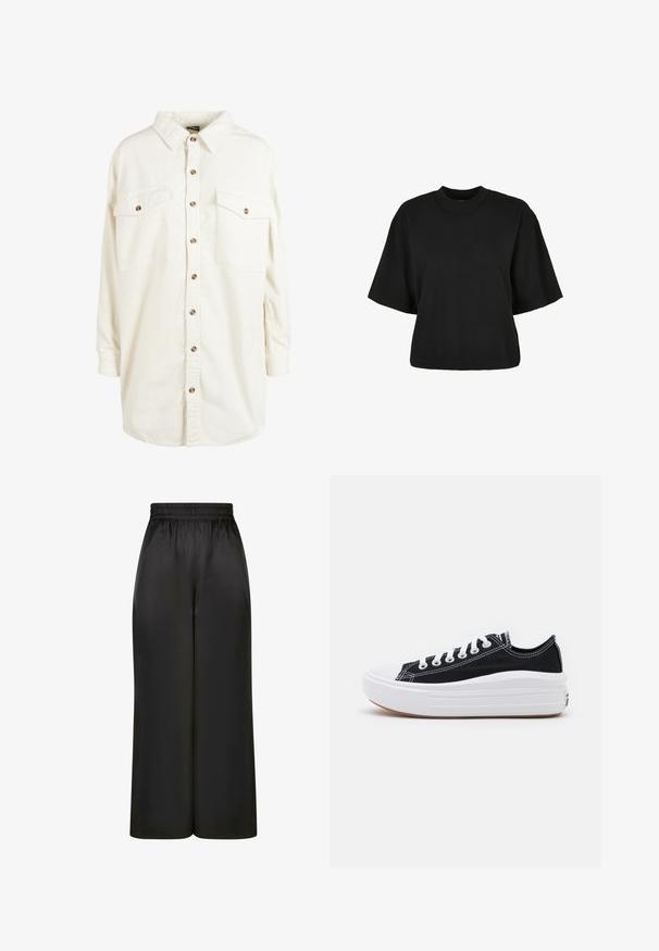 Krèmfaret kordfløjl langærmet skjorte med krave, brune knapper ned foran og to brystlommer med knap.; Sort cropped t-shirt lavet af bomuld. Har korte ærmer og rund halsudskæring. Glat tekstur med et enkelt design, ingen ekstra mønstre.; Sorte brede bukser lavet af glat, skinnende stof med elastisk talje og uden synlige lommer eller hardwaredetaljer.; Sorte kanvas sneakers med hvide snørebånd, hvid gummitåhætte og en kraftig hvid mellemsål. Har diskret hvid syning og en gummisål.