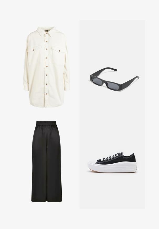 Camicia a maniche lunghe in velluto a coste color crema, con colletto, bottoni marroni sul davanti e due tasche sul petto con bottone.; Pantaloni neri a gamba larga realizzati in un tessuto liscio e lucido, con una vita elastica e senza tasche visibili o dettagli in metallo.; Sneaker nere in tela con lacci bianchi, punta in gomma bianca e una suola intermedia bianca e spessa. Presentano cuciture bianche sottili e una suola in gomma.; Occhiali da sole neri rettangolari con lenti scure e montatura spessa opaca. Le asticelle sono leggermente affusolate con una texture liscia.
