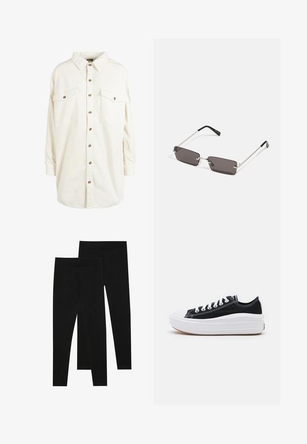 Kremna kordna srajca z dolgimi rokavi in ovratnikom, rjava gumba spredaj in dve gumbni žepki na prsih.; Črne legice iz raztegljive tkanine, z brezšivnim pasom in oprijetim krojem, primerne za prosti čas ali vadbo.; Črne platnene športne copate z belimi vezalkami, belim gumijastim prstnim zaščitnikom in masivnim belim srednjim podplatom. Imajo subtilne bele šive in gumijast podplat.; Očala za sonce s pravokotnimi, temno sivimi lečami, srebrnimi kovinskimi okvirji in črnimi plastičnimi konicami na ročajih. Lahka zasnova z nosnimi blazinicami.