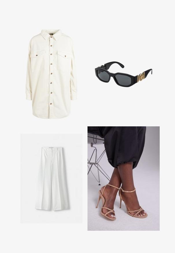 Krämfärgad kordshirt med lång ärm och krage, bruna knappar framtill och två knäppbara bröstfickor.; Bershka WIDE-LEG TAILORED - Tygbyxor - white; Beiga klacksandaler med kristalldekorationer, med öppen tå, tunna remmar och en slank silhuett.; Svarta solglasögon med en kraftig geometrisk ram, mörka linser och guldmetallaccenter på skalmarna som har en rund emblemdetalj.; Michael Kors handledos i beige belagd kanvas med ett upprepande MK-logomönster, gyllene detaljer och ett avtagbart kedjehandtag.