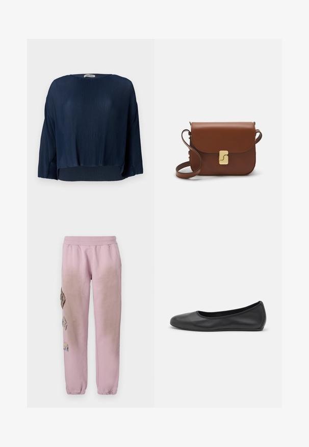 Top a coste navy con scollatura rotonda, maniche larghe e orlo corto. Il tessuto ha un aspetto morbido e testurizzato e una vestibilità rilassata.; T-shirt bianca a maniche corte realizzata in tessuto a costine. Collo rotondo, vestibilità regolare e dettagli di cucitura sottili. Senza motivi o grafiche.; Pantaloni della tuta rosa con vita elastica, caratterizzati da toppe decorative a forma di diamante sul lato sinistro e polsini elastici alle caviglie.; Pantofole da balletto nere in pelle con punta arrotondata, texture liscia, dettagli di cucitura minimi e design con suola flessibile.; Borsa a tracolla in pelle marrone con chiusura a pattina, hardware color oro, tracolla e una finitura liscia. Forma rettangolare compatta.