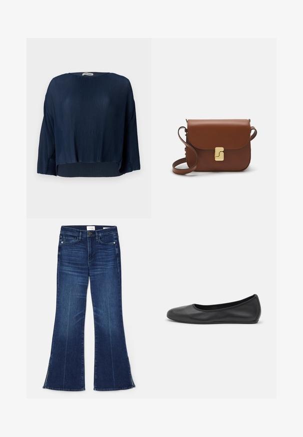 Námornícky pruhovaný top s okrúhlym výstrihom, širokými rukávmi a skráteným lemom. Materiál má jemný, textúrovaný vzhľad a voľný strih.; Tmavomodré rozšírené džínsy vyrobené z denimu. Majú vysoký pás, predné vrecká a rozparky na spodnom okraji. Klasický dizajn s piatimi vreckami.; Čierne kožené baleríny s okrúhlou špičkou, hladkým povrchom, minimálnym prešívaním a flexibilným dizajnom podrážky.; Hnedá kožená kabelka s klopou, zlatými kovovými prvkami, ramenným popruhom a hladkým povrchom. Kompaktný obdĺžnikový tvar.