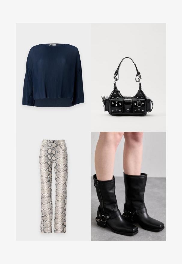 Navy ribbed top with a rounded neckline, wide sleeves, and a cropped hemline. Fabric has a soft, textured appearance and relaxed fit.; Snake-print trousers in a beige and gray color scheme. Straight-leg design with a textured finish and front pockets. Features a button closure.; Black leather knee-high boots with a square toe, side zipper, and adjustable strap featuring a metal chain accent. Matte finish and sturdy sole.; Black leather handbag with a curved design, featuring silver studs, a buckle, and two side pockets. Adjustable strap for carrying options.