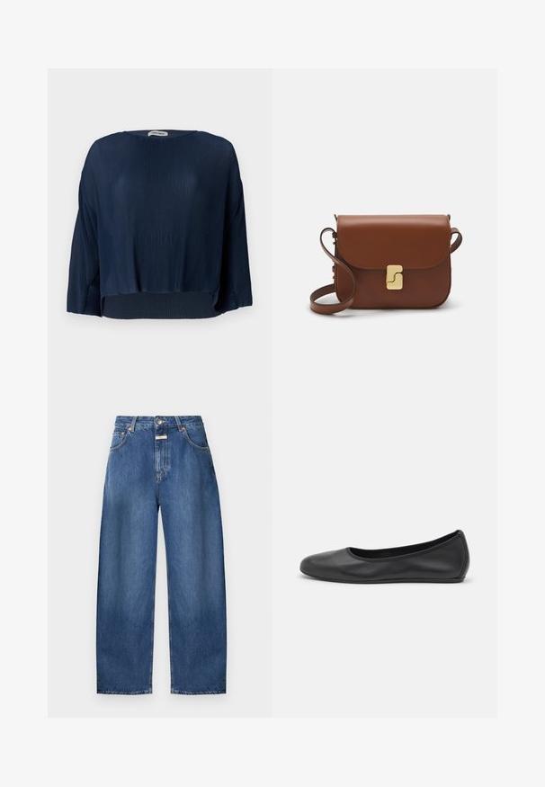Tengerészkék bordázott felső kerek nyakkivágással, széles ujjal és rövidített szegéllyel. Az anyag puha, texturált megjelenésű és laza fazonú.; CLOSED JAZZIE - Széles szárú - mid blue denim; Fekete bőr balettcipő lekerekített orral, sima tekstúrával, minimális varrással és rugalmas talp kialakítással.; Barna bőr kézitáska, hajtókás zárással, arany színű fém kiegészítőkkel, vállpánttal és sima felülettel. Kompakt téglalap alakú.