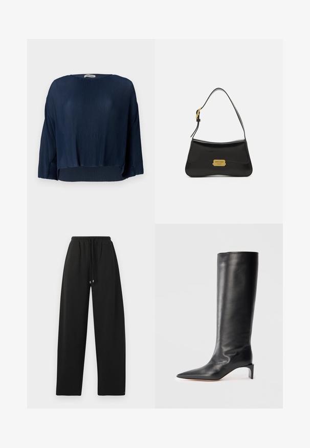 Marineblaues Rippentop mit abgerundetem Halsausschnitt, weiten Ärmeln und verkürztem Saum. Der Stoff hat eine weiche, strukturierte Optik und einen lässigen Schnitt.; Schwarze Sweatpants mit entspannter Passform, elastischem Bund, Kordelzug und seitlichen Nähten. Hergestellt aus einem weichen, glatten Stoff.; Schwarze Lederstiefel bis zum Knie mit einer spitzen Zehenform und einem kurzen, zylindrischen Absatz. Glatte Textur mit minimaler Details.; Schwarze Lederhandtasche mit geschwungenem Design, goldfarbener Logo-Plakette und schmalem Schulterriemen. Glatte Textur mit eleganter Oberfläche.