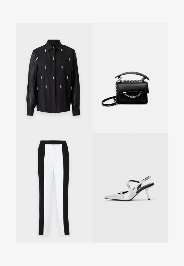 Black shirt featuring a structured design, with sheer sleeves and silver decorative accents positioned vertically across the front.; Black and white tapered trousers featuring a slim fit with contrasting panels. Fabric has a smooth texture; waistband is flat and fitted.; Silver slingback heels with a pointed toe, featuring a smooth metallic finish, a slender heel, and decorative strap details.; Black leather handbag with a structured design, chain and handle accents, and a textured surface. Features a flap closure with branding visible.