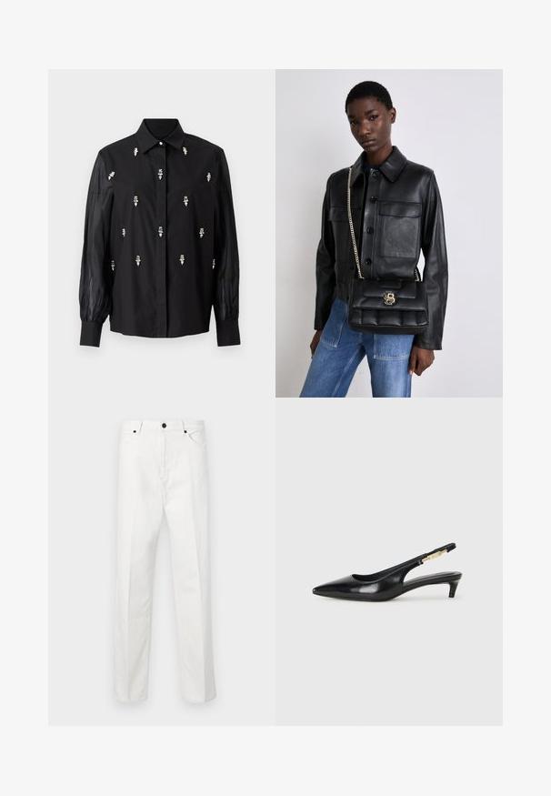 Černé tričko s strukturovaným designem, s průhlednými rukávy a stříbrnými dekorativními akcenty umístěnými vertikálně na přední straně.; Bílé džíny se rovný střih, knoflíkovým zapínáním a dvěma předními kapsami. Žádné viditelné vzory ani ozdoby. Hladká textura.; Černé kožené boty na podpatku s otevřenou patou a špičatou špičkou, s tenkým podpatkem a zlatým akcentem na nastavitelném pásku. Hladký povrch.; Černá kožená bunda s knoflíkovým zapínáním a dvěma předními kapsami, spárovaná s černou prošívanou kabelkou s zlatým uzávěrem a řetízkovým popruhem.