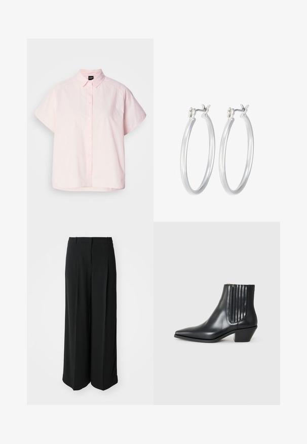 Gaišs rozā īsām piedurknēm pogājams krekls, izgatavots no kokvilnas. Iespējas ietver klasisku apkakli, priekšējās pogas un izliekto apakšmali. Gluda tekstūra.; Melni plati bikses, izgatavotas no gludas auduma, ar augstu vidukli un priekšējiem krokām, lai iegūtu izsmalcinātu piegriezumu.; Melnas ādas potītes zābaki ar izsistu purngali, elastīgām sānu paneļiem ar vertikālām grodām un zemu bloku papēdi. Gluda tekstūra un elegants dizains.; Sudraba riņķveida auss gredzeni ar gludu, pulētu apdari. Apaļa forma un drošs klikšķa augšējais slēgums. Viegls dizains, kas piemērots ikdienas valkāšanai.