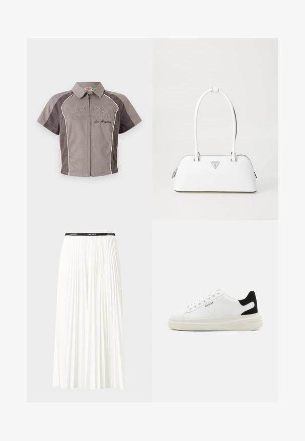 Košile s krátkým rukávem, zipovým zapínáním v šedé barvě s bílými akcenty a vyšitým nápisem "GUESS ORIGINALS Los Angeles". Hladká tkanina se strukturovaným límcem.; Záhybová bílá sukně s černým elastickým pasem s logem "LACOSTE". Suška je střední délky a má jemnou texturu.; Bílé kožené tenisky s tlustou bílou podrážkou, černým semišovým akcentem na patě a vyraženým logem na boku. Šněrovací design se šesti očka.; Bílá kožená kabelka s zakřiveným tvarem, na které se nachází stříbrné trojúhelníkové logo a zipové uzavření. Hladký povrch a dvojité uši.