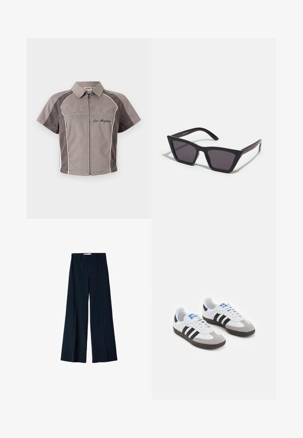 Szürke színű, rövid ujjú, cipzáras ing fehér díszítéssel és hímezett "GUESS ORIGINALS Los Angeles" felirattal. Simebb anyagból készült, strukturált gallérral.; Sötétkék, széles lábú nadrág sima anyagból, két elülső redővel és egy gombos záródással a deréknál.; Fehér bőr felsőrészes sportcipő, szürke velúrból készült orral és három fekete csíkkal. Jellemzője a kék logó a nyelvén és egy texturált gumitalp.; Fekete, szögletes napszemüveg szürke lencsékkel; műanyagból készült, vastag karokkal, sima felülettel és látható hardver nélkül.
