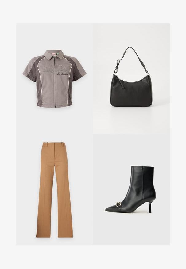 Short-sleeve, zip-front shirt in gray with white accents and embroidered "GUESS ORIGINALS Los Angeles" text. Smooth fabric with a structured collar.; HUGO HULANA - Chinos - open brown; Black leather ankle boot with pointed toe, slim mid-height heel, and silver buckle detail on side against plain background.; Black leather handbag with a curved shape, a single strap, zip closure, and subtle branding on the front. Smooth texture, minimalist design.