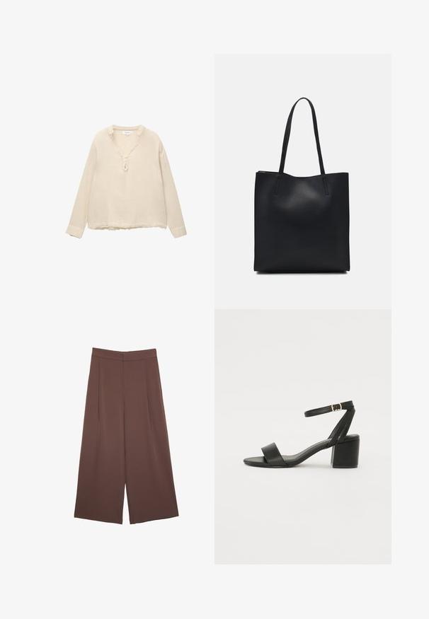 Camicia a maniche lunghe color beige chiaro in tessuto stropicciato, con scollatura a V bordata con volant e tre bottoni sul petto, dalla vestibilità comoda.; Pantaloni ampi marroni con una texture liscia, caratterizzati da una vita alta e pieghe frontali. Il tessuto è leggero e scorre liberamente.; Sandalo nero con tacco alto, caratterizzato da una tomaia in pelle liscia, punta aperta, ampie fasce frontali e cinturino a caviglia regolabile con un dettaglio in fibbia dorata.; Borsa tote in pelle nera con texture liscia, forma rettangolare e due manici lunghi. Nessun hardware o decorazione visibile.
