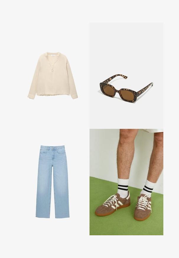 Svijetlosmeđa košulja dugih rukava od nabranog materijala, s V-izrezom ukrašenim naboranim rubovima i s tri gumba na prsima, s ležernim krojem.; Svijetloplave traperice širokih nogavica, visokog struka, ravnog kroja, s pet džepova i čistem rubom.; Smeđe nubuk tenisice s bijelim detaljima i vezicama. Gumeni potplat. Nosene s bijelim čarapama s crnim prugama. Zeleno teksturirano pod.; Tortoiseshell naočale s okvirima u obliku kruga i debelom konstrukcijom, te smešnim lećama. Imaju suptilne uzorke i ravne, sužene nogice.; Zign LEATHER - Velika torba - light brown