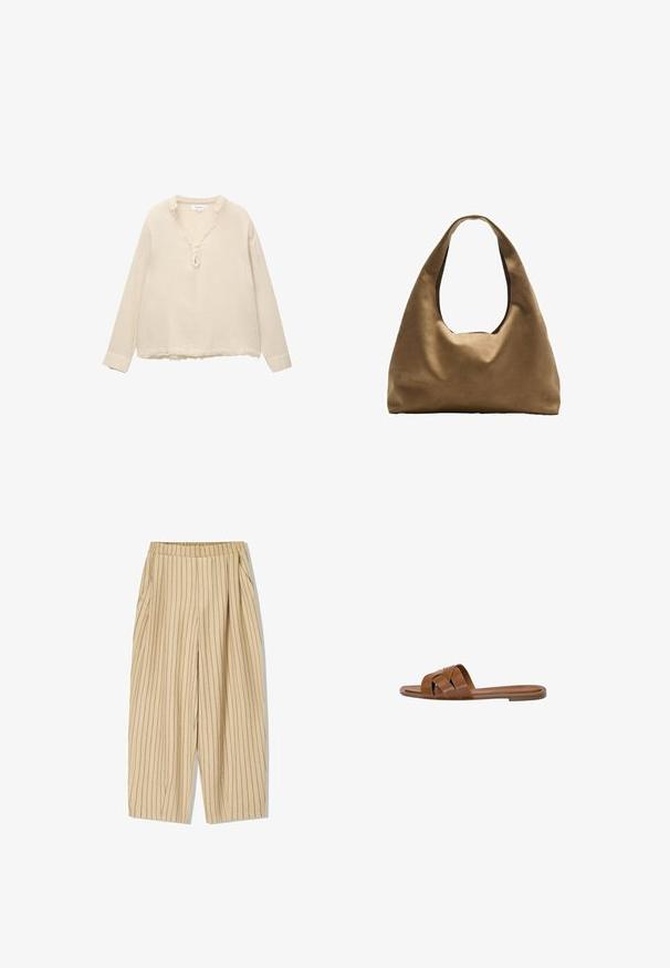Lichtbeige longsleeve shirt van gekreukt stof, met een V-hals en gerimpelde randen en drie knopen op de borst, met een losse pasvorm.; Beige gestreepte broek met een elastische tailleband, voorzien van twee zijzakken, een losse pasvorm en verticale zwarte streepjes voor detail.; Bruine leren slide sandaal met gekruiste banden, platte zool en een gladde textuur. Eenvoudig ontwerp zonder versieringen of patronen.; Bruine stoffen schoudertas met een brede, ronde vorm en een grote uitsnede handvat. Zachte textuur, minimalistisch ontwerp en geen zichtbare hardware.