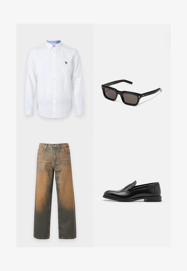 Chemise blanche à boutons en coton, dotée d'un col, de manches longues et d'un logo zèbre coloré brodé sur la poitrine.; Jean large en denim bleu et marron délavé. Caractéristiques : taille haute, poches avant et fermeture à boutons classique avec des accents métalliques.; Mocassins en cuir noir avec une texture lisse, bout rond et une sangle décorative sur le dessus. Talon bas empilé, design minimaliste.; Lunettes de soleil noires rectangulaires avec des verres foncés, monture en plastique épais, accents dorés sur les branches et logo de la marque gravé sur le bras.