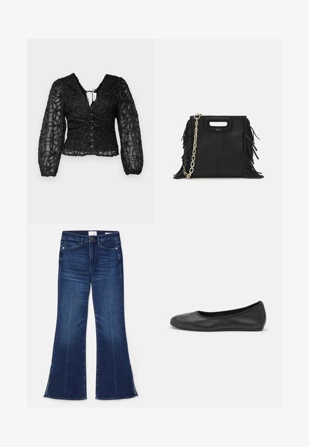 Hofmann Copenhagen JULY TOP - Pluus - black; Tumedat sinised laiad teksad, mis on valmistatud denimist. Omavad kõrget vööd, eesmine taskud ja lõhikud hemmi juures. Klassikaline viie-tasku disain.; Musthave mustika tantsutossud mustast nahast, ümmarguse varbaga, siledast tekstuurist, minimaalse õmblusdetailiga ja paindliku tallakujundusega.; Musta nahk käekott, millel on frantsiisid, kuldne ahelsanga ja lõigatud käepide. Esiosas on logot.