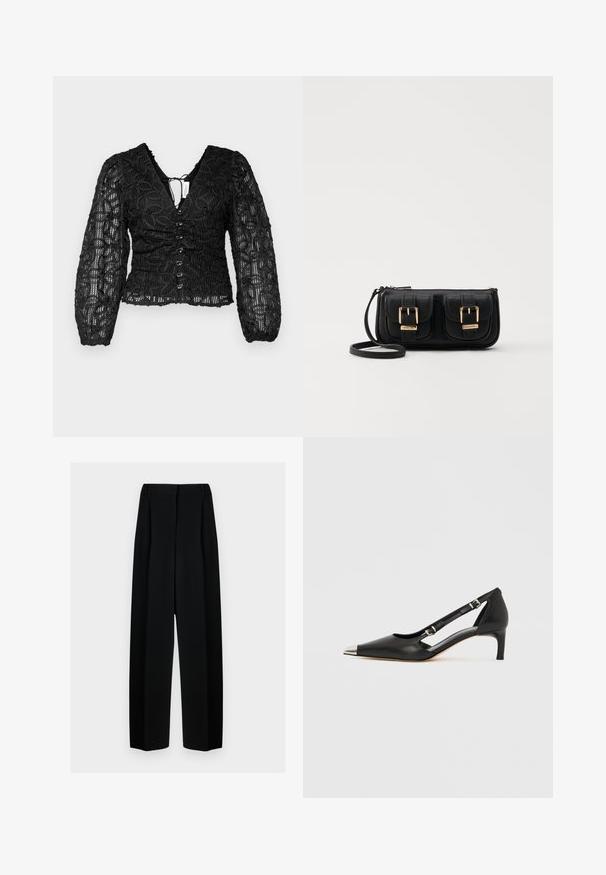 Hofmann Copenhagen JULY TOP - Bluse - black; Svart vide bukser med høy livhøyde, med folder og en glatt tekstur. Stoffet virker lett og faller elegant.; Sort skinn kittenhel med spiss sølv tåhette og doble spenne-stropper på hvit bakgrunn.; Svart skinn crossbody veske med to frontlommer, gyldne spenner, glidelåslukking og en slank stropp. Teksturert overflate og kompakt rektangulær form.; Vivienne Westwood MINI BAS RELIEF EARRINGS - Øredobber - gold-coloured