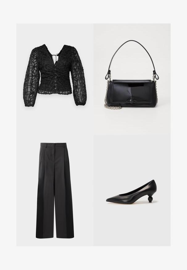 Hofmann Copenhagen JULY TOP - Pluus - black; Mustad laiad püksid kõrge vöökohaga, millel on ees voldid, sile tekstuur ja õmmeldud viimistlus. Kujundatud lõdva istuvuse saavutamiseks.; Must musta kõrge kontsaga king, millel on terav nina ja ümar, pallikujuline konts. Sile pind ja elegantne, minimalistlik disain.; Mustmust mustkott mustmust mustkott, millel on ristkülikukujuline kuju, kettstrap ja silmapaistev viimistlusaktsent keskel. Sile tekstuur.