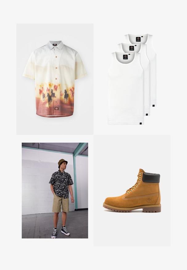 Camisa de manga corta en tejido ligero, con un degradado de tonos claros a cálidos y un estampado de caballo en la parte inferior. Con botones en el frente.; Tres camisetas sin mangas de algodón de color blanco con canalé. Cuentan con cuello redondo y pequeñas etiquetas negras cerca del dobladillo. Disponibles en múltiples tamaños.; Camisa de manga corta en blanco y negro con patrón de logotipos, pantalones cortos caqui y zapatillas altas negras. Gorra tipo bucket beige y cuerdas visibles.; Botín de ante marrón claro con collar acolchado negro, ojales de metal dorado, detalles de costura blanca y suela de goma resistente con tacos pronunciados.