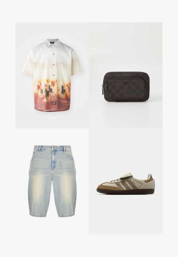 Camisetta a maniche corte in tessuto leggero, caratterizzata da una sfumatura di tonalità chiare a calde e una stampa di cavallo nella parte inferiore. Con bottoni frontali.; Shorts in denim celeste con una finitura sbiadita, caratterizzati da un classico design a cinque tasche, passanti per la cintura e un taglio dritto.; Scarpa da ginnastica marrone e crema con tre strisce beige, materiali in pelle scamosciata e pelle, design con lacci e suola in gomma. Logo testuale sul lato.; Portafoglio marrone a quadri realizzato in pelle texturizzata con chiusura a zip e un compartimento frontale. Presenta un dettaglio del logo.