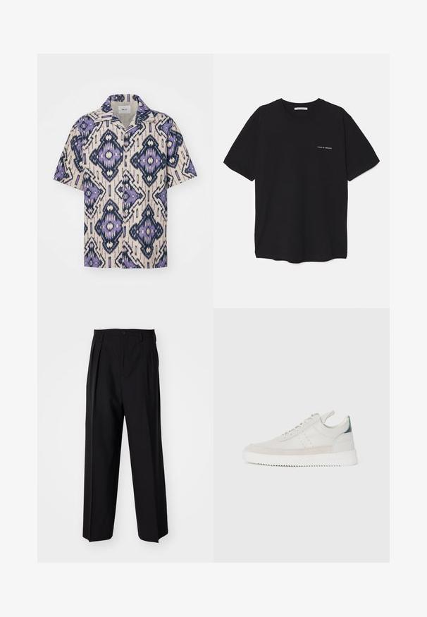 Short-sleeve button-up shirt in cream, featuring an intricate purple and navy geometric pattern. Made of lightweight fabric with a relaxed fit.; Black cotton T-shirt with a crew neck, short sleeves, and a white logo print on the left chest. Simple, solid color design.; Black pleated trousers with a straight, wide-leg design. Made from smooth fabric, featuring a button closure and belt loops.; White leather sneakers with gray suede accents, lace-up design, pull tab, and textured rubber sole featuring a zigzag pattern.