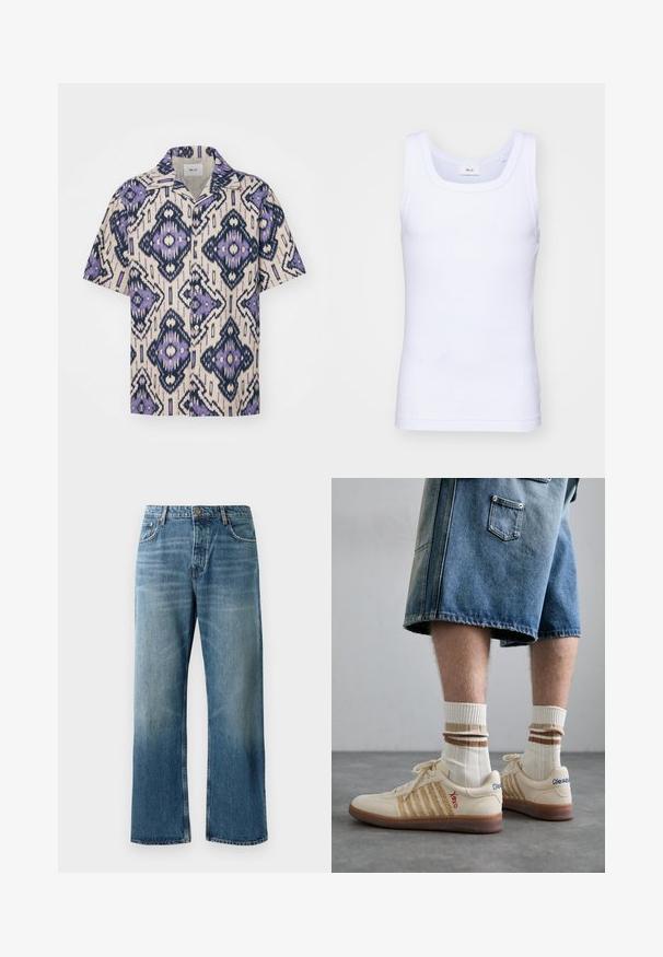 Kurzarm-Hemd mit Knöpfen in Creme, ausgestattet mit einem komplizierten geometrischen Muster in Lila und Marineblau. Hergestellt aus leichtem Stoff mit lockerer Passform.; Weißes Baumwoll-Top ohne Ärmel mit rundem Ausschnitt, ausgestattet mit einer glatten Textur und einer figurbetonten Form, ideal für die Freizeit.; Helle blaue, weit geschnittene Jeans mit einer verblassten Waschung, ausgestattet mit einem Ein-Knopf-Verschluss, fünf Taschen und kontrastierenden Nähten.; Beige Retro-Sneaker mit braunem Gummisohle, mit gestreiften Akzenten und gestickten Logos. Getragen mit weißen Socken, gestreiftem braunen Detail.