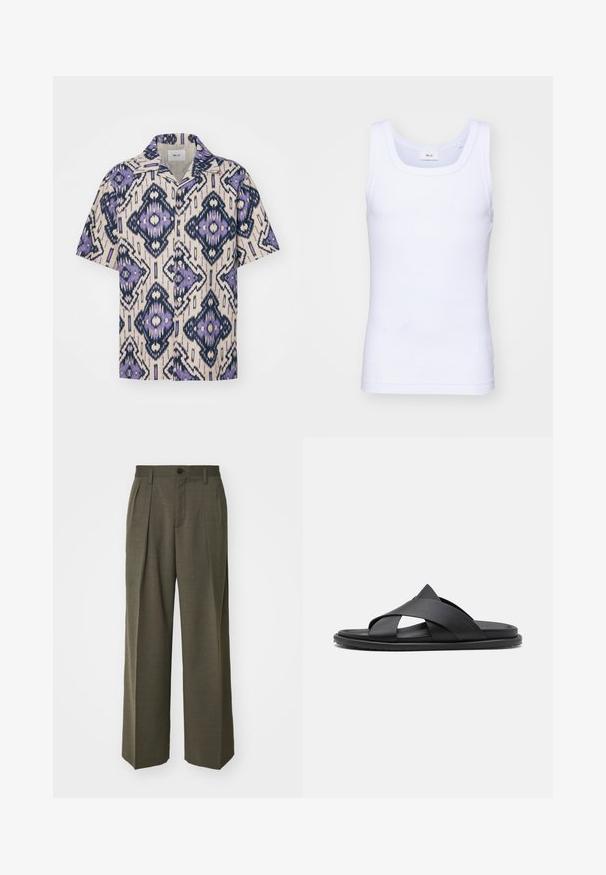 Lyhythihainen nappipaita kermaisen värin sävyssä, jossa on monimutkainen purppuran ja laivaston sinisen värinen geometrinen kuvio. Valmistettu kevyestä kankaasta, jossa on rento istuvuus.; Valkoinen puuvillainen hihaton toppi, jossa on pyöreä pääntie. Topissa on sileä pinta ja se on muotoiltu istuvaksi, suunniteltu rentoon käyttöön.; Filippa K WIDE TROUSERS - Housut - driftwood; Stuart Weitzman BERKLEY - Matalakantaiset pistokkaat - black
