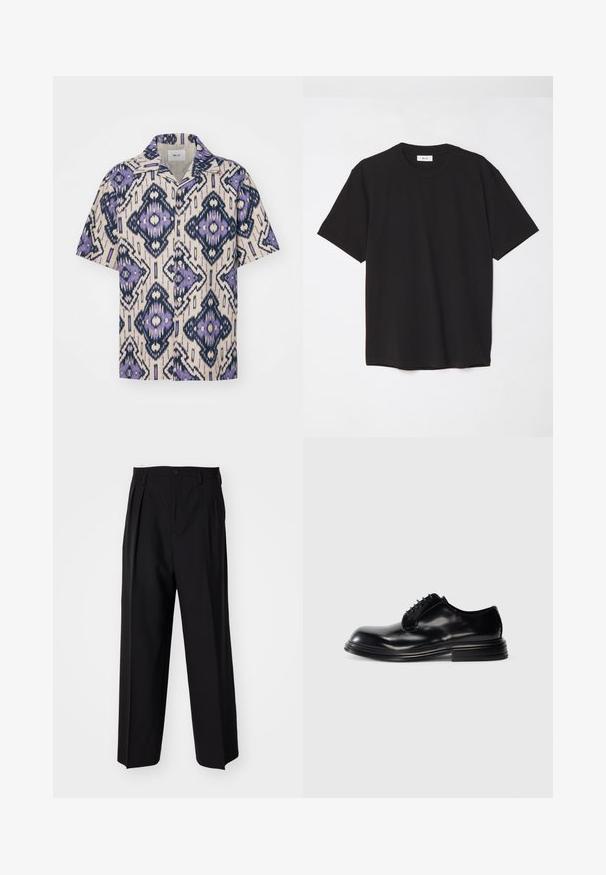 Short-sleeve button-up shirt in cream, featuring an intricate purple and navy geometric pattern. Made of lightweight fabric with a relaxed fit.; Black cotton t-shirt with a crew neck, short sleeves, and a relaxed fit. Simple design, smooth texture, and no visible patterns or logos.; Black pleated trousers with a straight, wide-leg design. Made from smooth fabric, featuring a button closure and belt loops.; Black leather dress shoe with a rounded toe, smooth finish, lace-up design, and a stacked heel. Minimalist style with no visible logos.