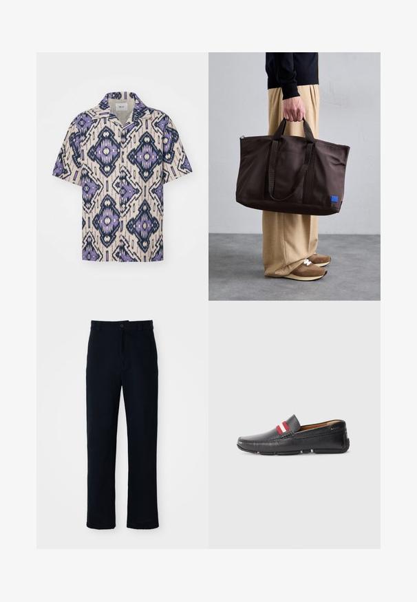 Camisa de botones de manga corta en crema, con un intrincado patrón geométrico en púrpura y azul marino. Fabricada con un tejido ligero y de corte relajado.; Pantalones azul marino de algodón, con un diseño de pierna recta, cierre frontal de botón y una cintura clásica con pasadores para cinturón.; Zapato negro de cuero sin cordones con superficie texturizada, con una franja roja y blanca en la parte superior, punta redonda y suela de goma.; Bolso tote de nailon marrón con asas dobles, cierre de cremallera y un parche de logo azul. Textura suave, diseño estructurado, interior espacioso.