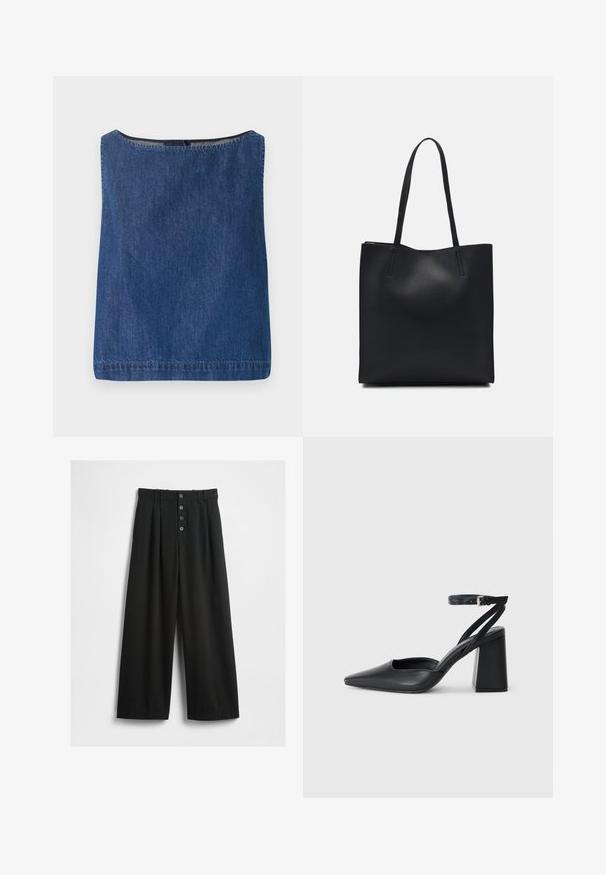 Top in denim con scollo quadrato e senza maniche. Colore blu scuro, finitura pulita con cuciture visibili e una superficie leggermente texture.; Pantaloni neri a gamba larga realizzati in un tessuto strutturato. Presentano una vita alta, una chiusura frontale a cinque bottoni e pince stirate per un tocco di dettaglio in più.; Pump in pelle nera con punta affusolata, cinturino alla caviglia e tacco spesso. Texture piatta, design elegante ed estetica minimalista.; Borsa tote in pelle nera con texture liscia, forma rettangolare e due manici lunghi. Nessun hardware o decorazione visibile.