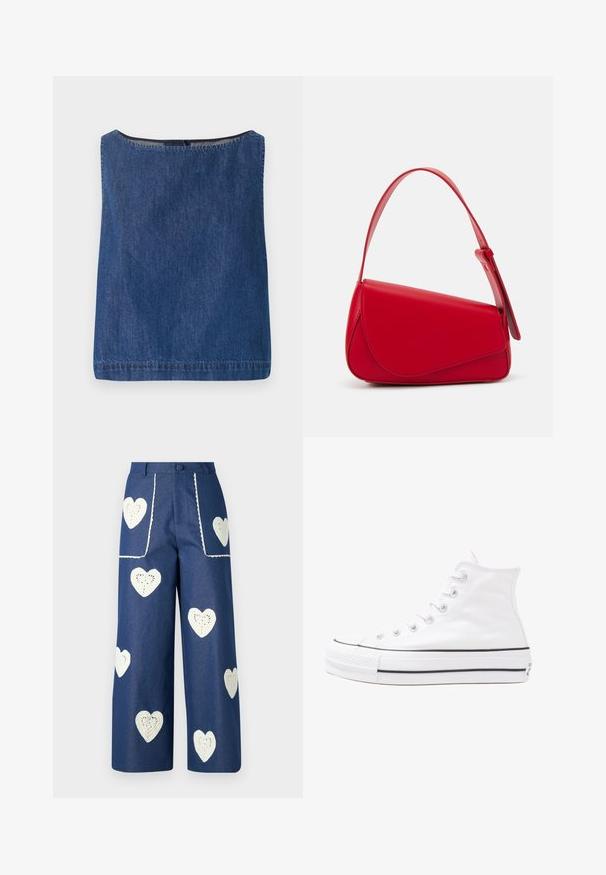 Top in denim con scollo quadrato e senza maniche. Colore blu scuro, finitura pulita con cuciture visibili e una superficie leggermente texture.; Sister Jane HEART TO HEART - Jeans a sigaretta - blue denim; Sneaker alta in tela bianca con suola in gomma nera, punta in gomma frontale e sei asole per i lacci, caratterizzata da un design pulito e minimalista.; Borsa a tracolla in pelle rossa con un design angolare e geometrico. Presenta una singola tracolla regolabile e una chiusura a patta con dettagli cuciti.